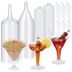 Acellegic 50 Set Plastic Martini Glasses for New Year's Party with Cocktail Sticks and Spoon Disposable Cocktail Glasses Ice Cream Dessert Cups for Appetizer, Weddings, Christmas Party(Cone)