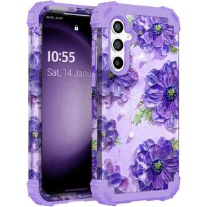 for Galaxy S24 Case,3 in 1 Oil Painting Flower Pattern Heavy Duty Shockproof Protection Silicone Rubber Bumper+Hard Plastic Hybrid Protective Cover for Samsung S24 6.2",Purple
