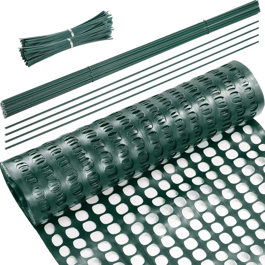 Plastic Garden Fencing Roll Safety Construction Barrier Outdoor Snow Mesh Fence Garden Netting, 1.2 Inch Mesh, Coated Iron Wire Support Stakes, Cable Ties for Garden (Green,2 x 100 Feet)