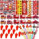 Fire Truck Party Favors Set - 110 Pcs with Firefighter Stickers, Slap Bracelets, Drinking Straws & More for Firefighter Themed Birthday Party