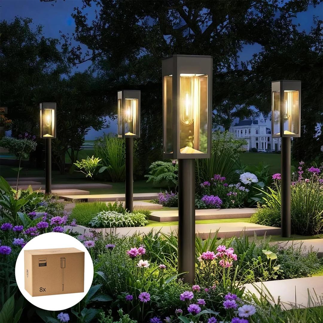 Philips 8 Packs Solar Pathway Lights Outdoor, Glass Metal Led Garden Landscape Lightings, 3000K Warm White, Waterproof for Decor Yard, Walkway, Patio, Driveway, Lawn