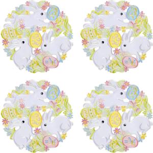 Easter Placemats Set of 4 Round Spring Bunnys Flowery Table Runner Cutwork Embroidered Floral and Bunnys Dresser Scarf Table Topper Home Kitchen Dining Tabletop Decoration