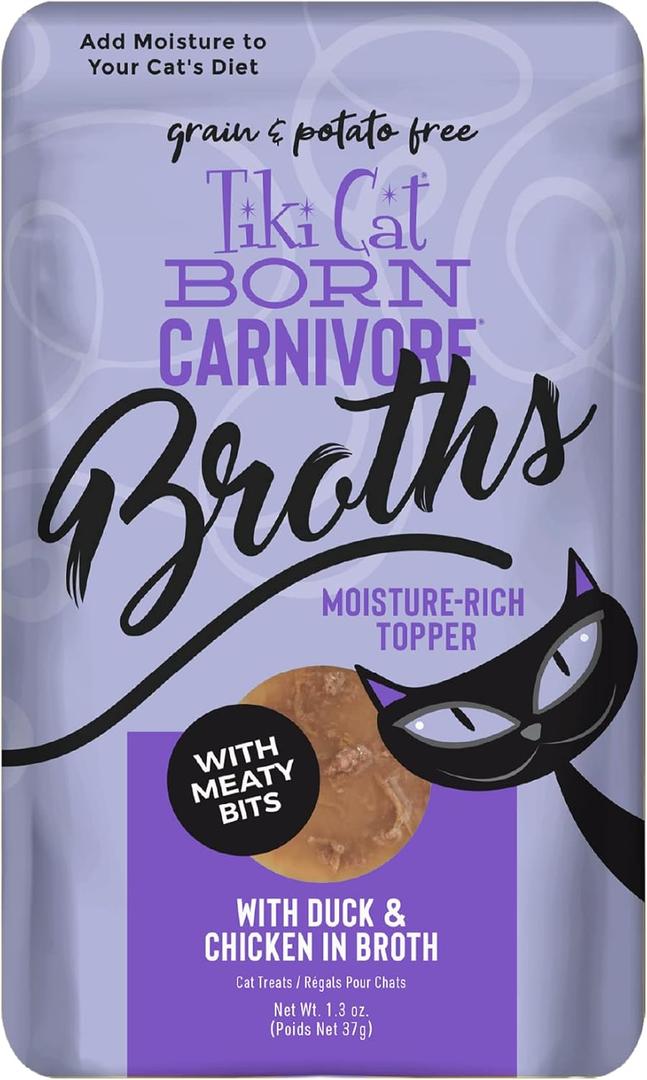 Tiki Cat Born Carnivore Broths, Duck & Chicken Recipe, Hydration and Flavor Supplement Cat Food Topper, 1.3 oz. Pouch (12 Count)