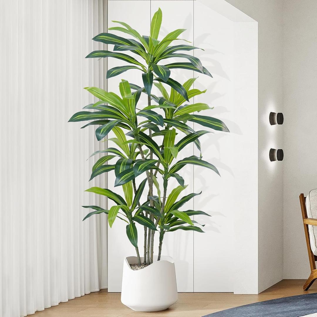 6Ft Dracaena Plant Artificial Tree Fake Tropical Floor Plants Potted (Real Touch) Artificial Silk Tree Leaf Faux Trees Black Tall Planter for Home Office Living Room Indoor Outdoor Decor1Pack