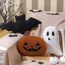 Huwena 3 Pcs Brown Halloween Pillow Decor Happy Halloween Pumpkin Ghost Bat Shaped Throw Pillow Crystal Velvet Wool Decorative Cushion Pillowcase for Couch Sofa Bed Decoration