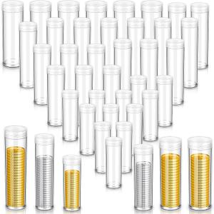 Yaomiao 36 Pcs Plastic Coin Tubes Assorted Sizes Nickel Dime Storage Tubes with Lid Quarter Storage Holders Half Dollar Containers Round Dollar Collection Supplies