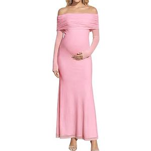 KUTUMAI Off Shoulder Strecth Maternity Dress Long Sleeve Floral Maxi Wedding Guest Pregnancy Baby Shower Photoshoot Dresses Pink S