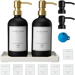 Glass Soap Dispenser for Kitchen, Farmhouse Dish Soap Dispenser&Hand Soap Dispenser Set, Rustproof Pump Lotion Dispenser Bathroom with Tray, Waterproof Label for Kitchen Decor (Black)