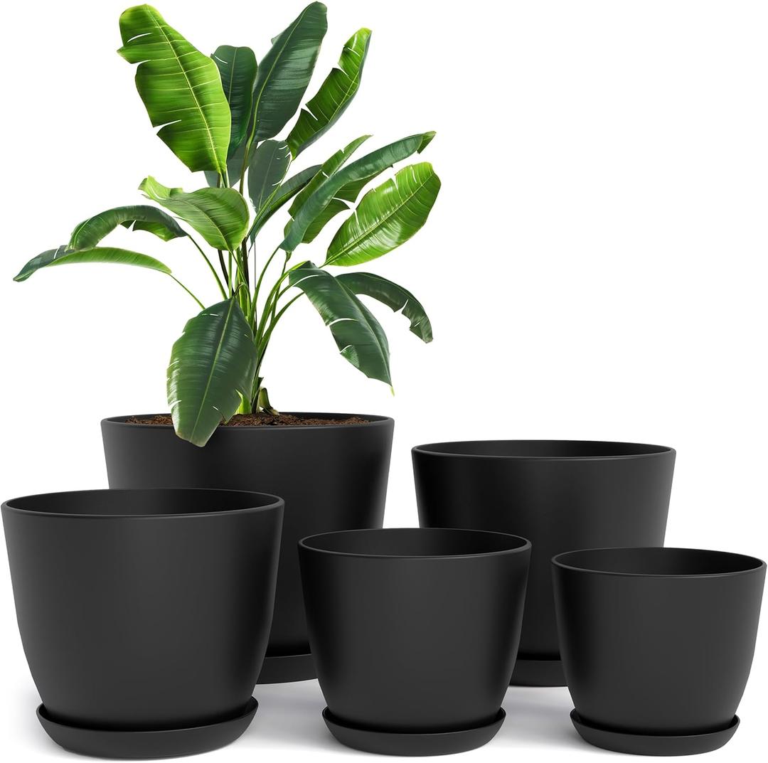 Utopia Home - Plant Pots Indoor with Drainage - 7/6.6/6/5.3/4.8 Inches Flower Pots for Indoor Planter - 5 Pack Plastic Planters - Ideal for Stocking Stuffers or Home Christmas Decorations - Black