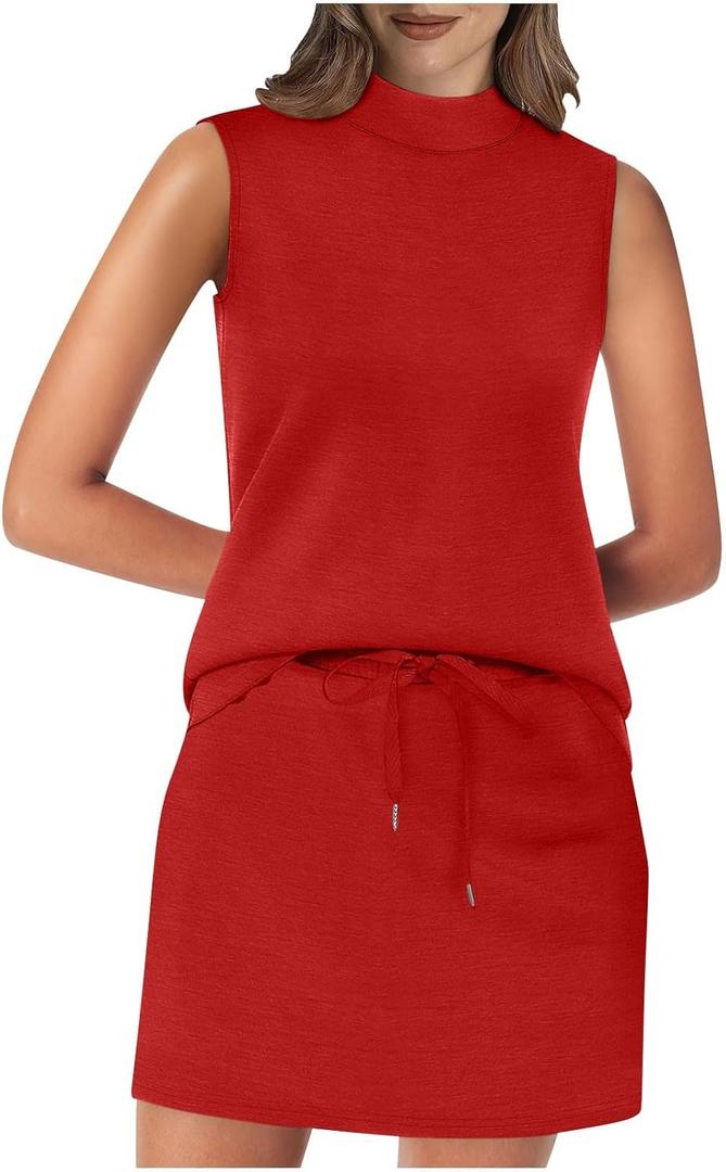Two Piece Skirt Set for Women Sweatsuits Tennis Outfits Workout Casual Mock Neck Sleeveless Top Elastic Short Skorts (Medium, Red)