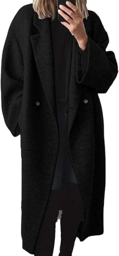 chouyatou Women's Winter Double Breasted Wool Coat Long Sleeve Notch Lapel Long Trench Coat (S, Black)