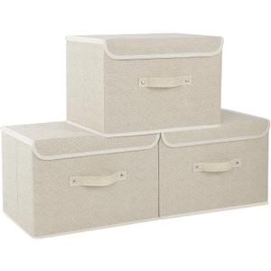 Fabric Storage Bins Cube Organizers with Flip-Top Lid and Handles,Storage Boxes for Organizing Home,Office,and Closet,Grey and Beige,3 Pack 15 x 9.8 x 9.8 in