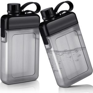 Honeydak 2 Pcs Flat Water Bottle 13oz Plastic Flask for Liquor Slim Square Bottles Portable Travel Mug Pocket Flask for Outdoor Sports (Black)