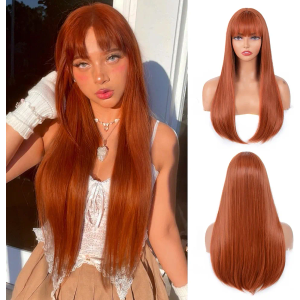 Ginger Wig with Bangs for Women – Long Straight Heat Resistant Synthetic Wig for Daily Use, Party, Halloween, Cosplay – 24 Inch Ginger Wigs for Girls