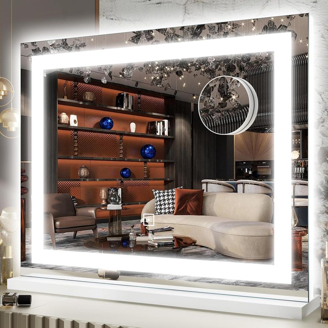 FENNIO 22" x 20" Vanity Mirror with Lights, LED Makeup Mirror, Hollywood Mirror with 3 Color Modes & Adjustable Brightness, Vanity Mirror Square White