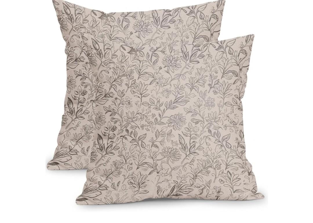 Vintage Floral Pillow Covers 18x18 Inch Set of 2 Antique Flower Block Print Pillowcases Pink Gray Neutral Traditional Square Cushion Case Decoration for Couch Decor