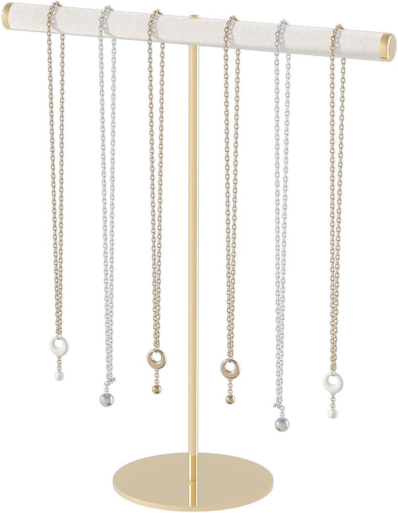 Pangkeep T-Bar Necklace Holder,Jewelry Chains Display Stand for Selling,Velvet Necklace Organizer Stand for Show,Jewelry Tower Tree (Beige)