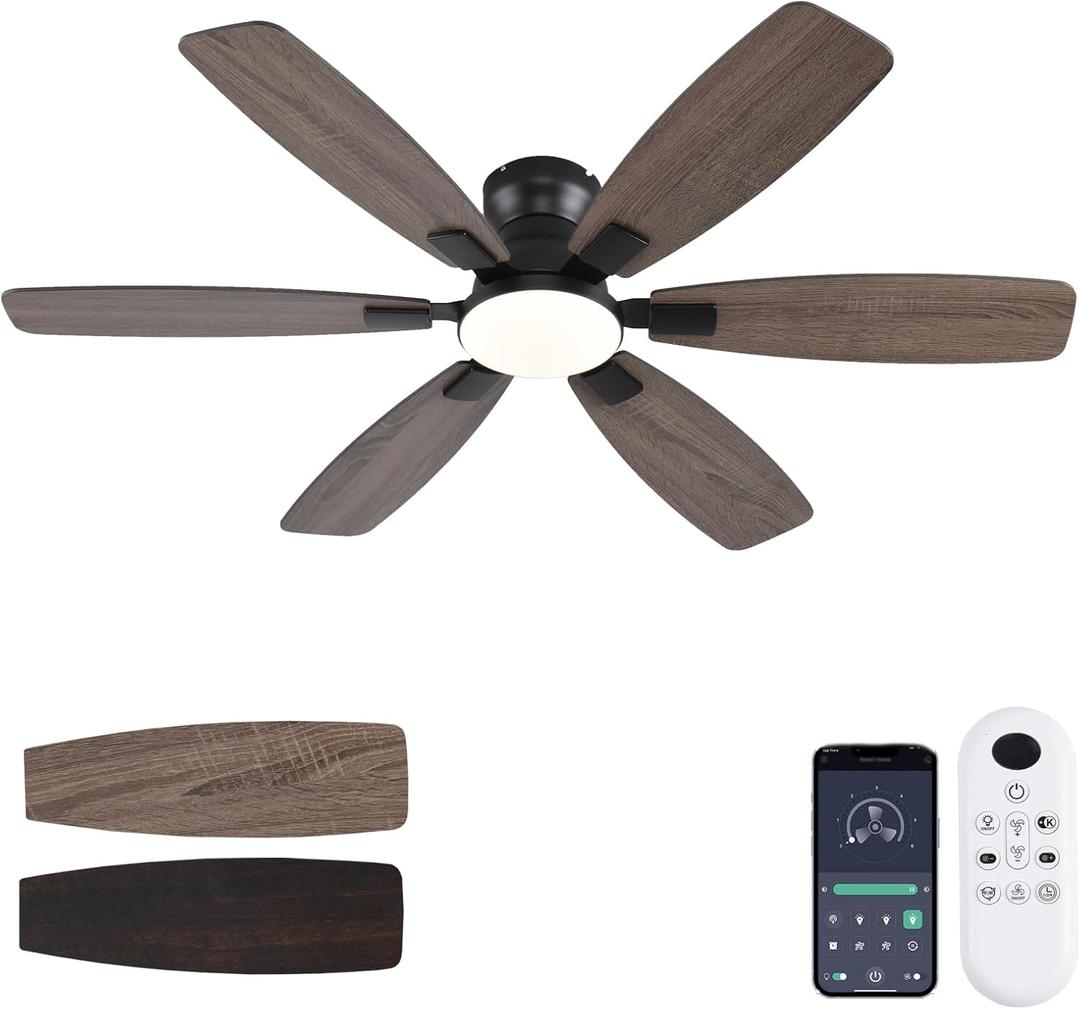 Ceiling Fans with Lights, 52 Inch Low Profile Ceiling Fan with Light and Remote Control, Flush Mount, Reversible, 3CCT, Dimmable, Quiet, Brown Ceiling Fan for Bedroom Indoor/Outdoor Use