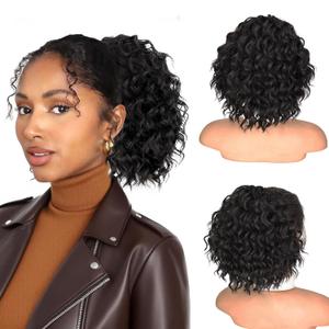 Isaic Ponytail Extension 8 Inch Short Wavy Curly Ponytails Drawstring Ponytail for Black Women Jet Black Pony Tails Hair Extensions Synthetic Hairpiece for Daily Use