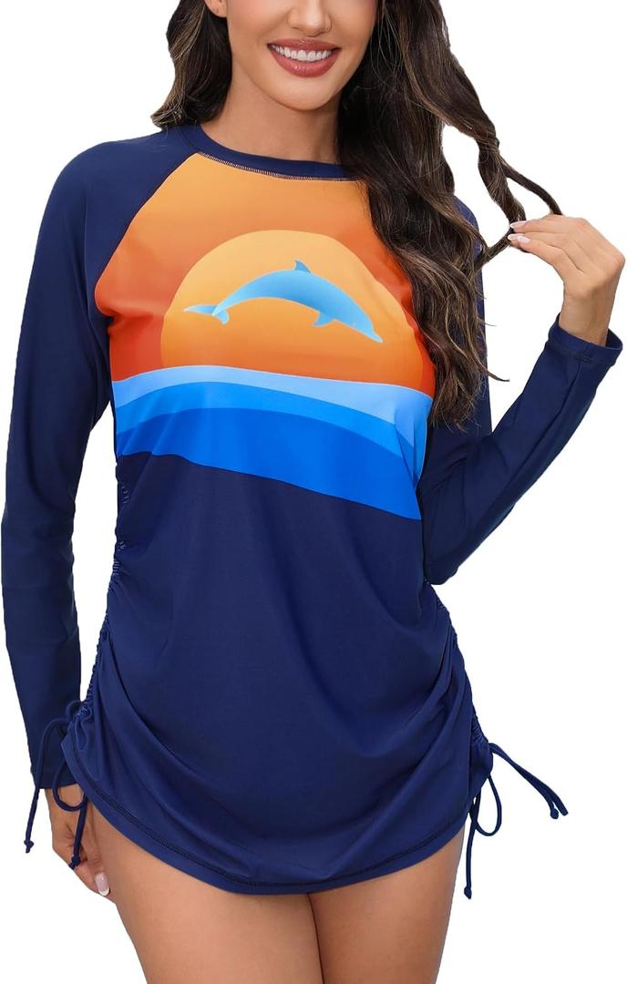 Halcurt Women's Long Sleeve Rash Guard Swim Shirt with Tie Drawstring UPF 50+ Sun Protection Swimsuit Top (Blue, L)