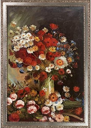 La Pastiche Vase with Poppies Cornflowers Peonies and Chrysanthemums with Versailles Silver Salon Frame, 28" x 40", Red