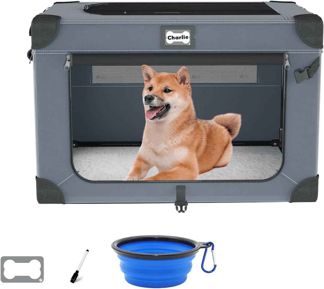 30 Inch Soft Dog Crates, Collapsible Dog Travel Crate for Medium Dogs Indoor & Outdoor, 3-Door Foldable Pet Kennel with Mesh Windows, Soft Blanket and Foldable Bowl