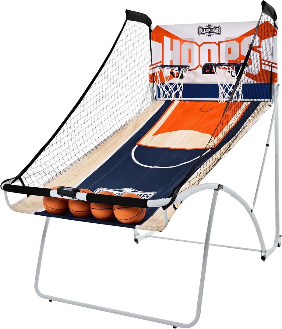 Hall of Games EZ Fold Premium Indoor Arcade Basketball Game with Steel Frame and Polycarbonate Backboard, Dual Shot Electronic Scoring with 6 Size 3 Balls Included, Perfect for Basement Game Rooms