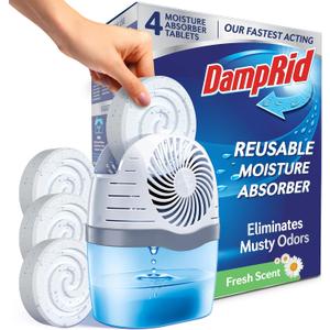 DampRid Reusable Moisture Absorber with 4 Drop-In Tablets, Fresh Scent, 15.8 oz., Attract and Trap Excess Moisture & Eliminate Musty Odors for Cleaner, Fresher Air