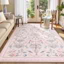 Collive Pink Rugs for Girls Bedroom, 5x7 Boho Floral Washable Area Rug Non Slip, Soft Ultra-Thin Indoor Decor Elegant Carpet for Kids Room Nursery Living Room Dining Room