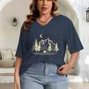 HDLTE Plus Size Tops for Women Oversized Graphic Tshirt V Neck Summer Tees Short Sleeve Casual Loose Fit Blouses (Blue, XXL)