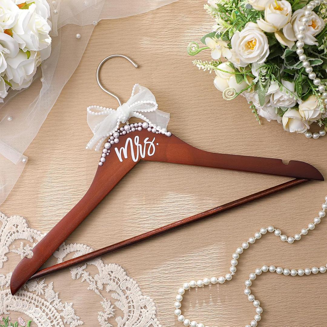 Bride Wedding Dress Pearl Mrs. Hanger with Pearl Ribbon Bow Elegant Wooden Dress Hanger to Be Ideal Keepsake for Wedding Day Gift(Walnut,Mrs)