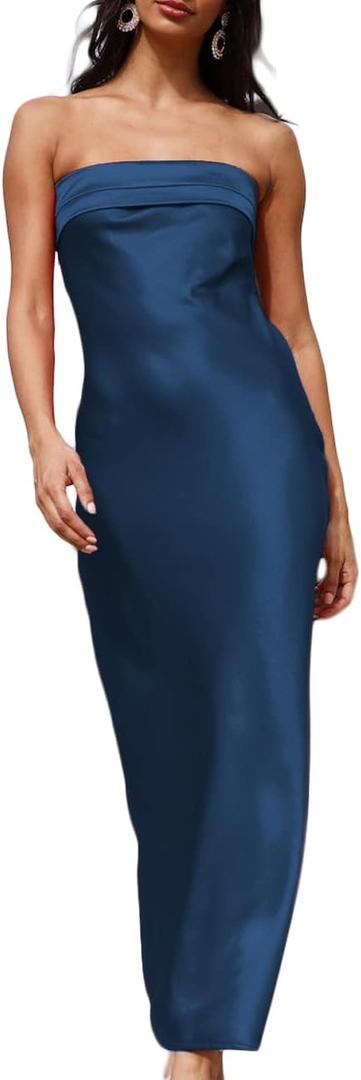 Realtix Satin Silk Backless Tube Tops Maxi Dress for Women Low Back Hollow Out Elegant Strapless Long Dresses Wedding Guest (Medium, Navy) Realtix Satin Silk Backless Tube Tops Maxi Dress for Women Low Back Hollow Out Elegant Strapless Long Dresses Wedding Guest (Medium, Navy)
