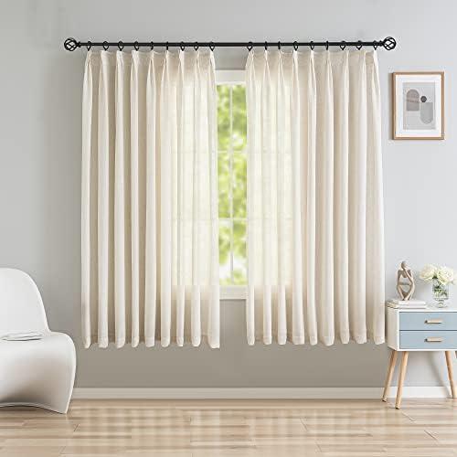 OYRING Beige Faux Linen Double Pinch Pleat Curtains for Living Room, Light Filtering Window Curtains Semi Sheer Curtains Pinch Pleated Drapes with Tieback and Hooks 40" W x 63" L, 1 Panel