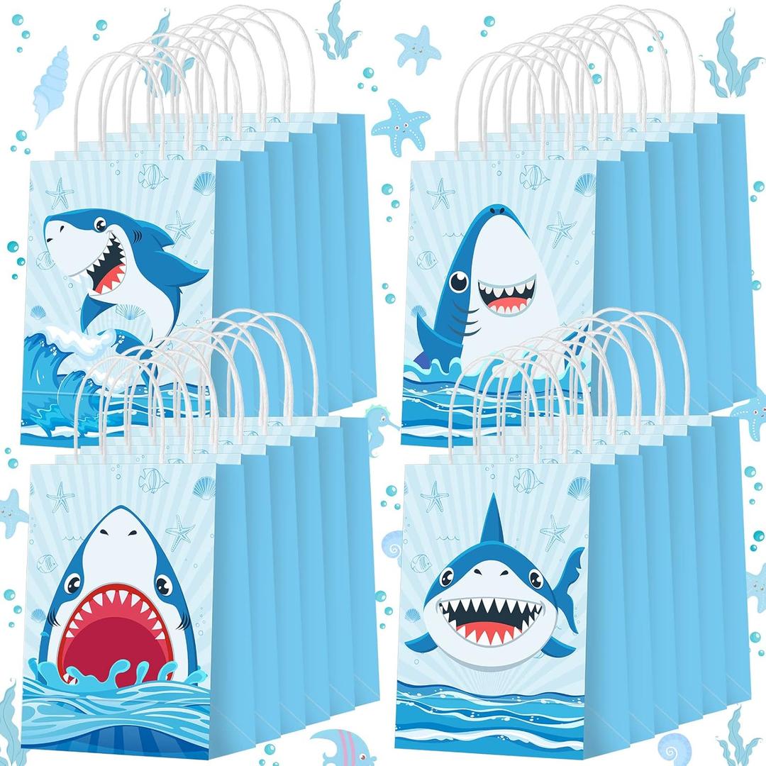 Outus 24 Pcs Shark Party Bags Blue Shark Birthday Party Favor Gift Bags Shark Goodie Candy Pouch with Twist Handles Shark Party Supplies for Summer Ocean Sea Baby Shower Decorations