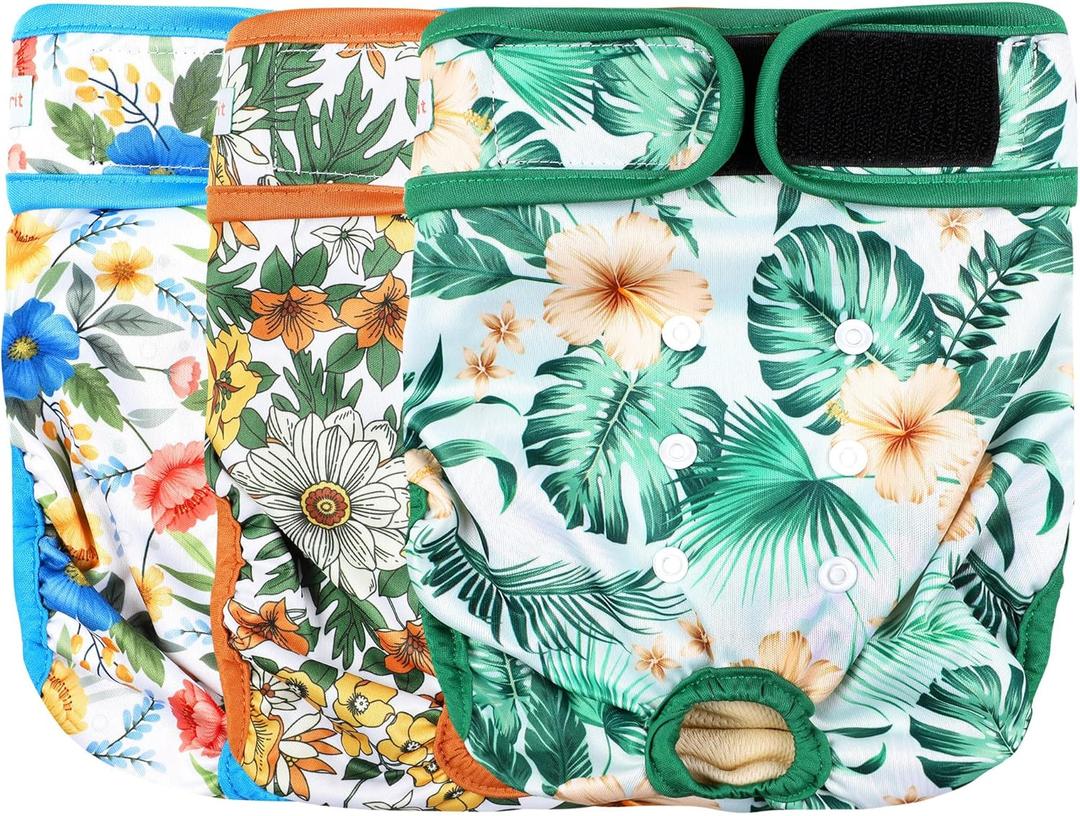 Langsprit Washable Female Dog Diapers (3 Pack) - No Leak Reusable Diapers for Doggy Female in Period - Highly Absorbent Dog Heat Panties with Adjustable Snaps (Floral, Medium)