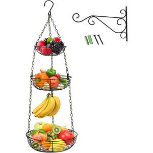 HULISEN 3 Tier Hanging Fruit Basket with Banana Hook, Heavy Duty Wire Hanging Baskets for Kitchen Storage, 36 Inch Hanging Vegetable Produce Basket Organizer (Including Installation Bracket)