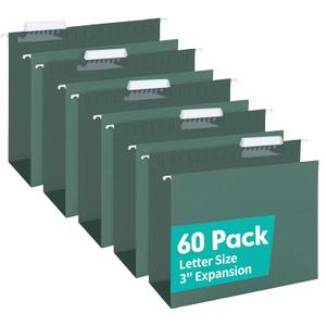 HERKKA Extra Capacity Hanging File Folders, 60 Pack Reinforced Letter Size Hanging Folders with Heavy Duty 3 Inch Expansion, Designed for Bulky Files, Medical Charts, Green