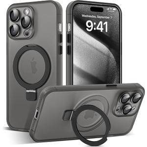 Designed for iPhone 15 Pro Case with Magnetic Invisible Ring Stand[Military Drop&Full Camera Lens Protection][Compatible with Mag-Safe]Shockproof Matte Translucent Slim Phone Cases 6.1"Black