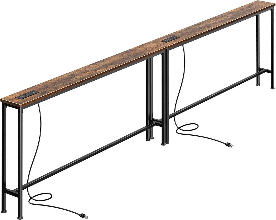 SUPERJARE 110.2 Inch Sofa Table with Power Outlets and USB-C Ports, 5.9 Inch Narrow Console Tables, Entryway Hallway Couch Tables with Storage, Behind Sofa, Small Spaces, Living Room, Rustic Brown