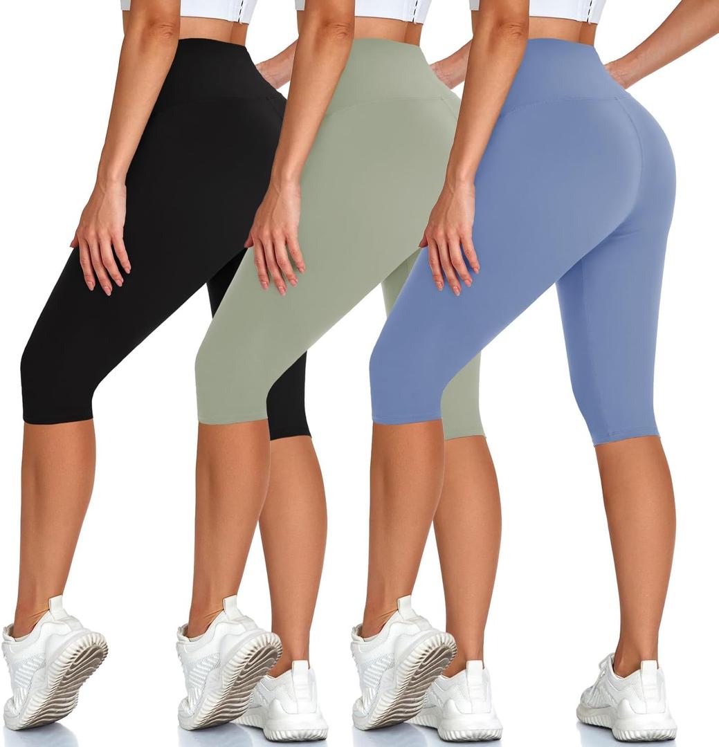 High Waisted 3 Pack Women's Capri Pants - Knee Length Yoga Shorts, Biker Workout Leggings for Women,Summer Activewear, Large-X-Large