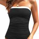 Aqua Eve Strapless Tankini Top Only for Women Bandeau Bathing Suits Ruched Tummy Control Tankini Top No Bottom (X-Large, Black and White 01)