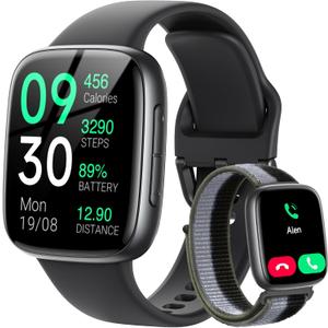 Fitpolo Smart Watch, 1.85" AMOLED Fitness Tracker with Bluetooth Call, Heart Rate/Sleep/SPO Monitor, 100+ Sports Modes, 3ATM Waterproof Smartwatch for Android/iPhone/Samsung, Includes 2 Bands (Black)