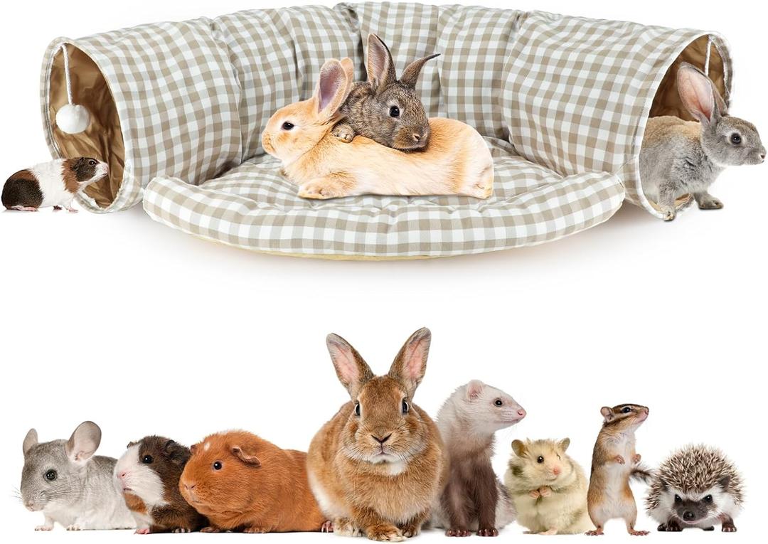 BWOGUE Bunny Tunnel Bed, 2-in-1 Collapsible Tunnel Tubes Toys with Removable Mat Hideout for Cats Kittens Rabbits Guinea Pigs Kitty (YellowPlaid)