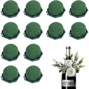 Flower Foam Holders, 12 Pcs Green Round Floral Foam with Adhesive & 38Yd Wire for Wine Bottle Arrangements, Wedding Centerpieces, DIY Fresh/Dried Artificial Flowers Decor