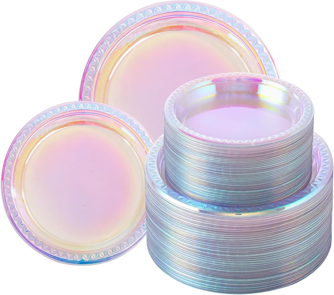 Supernal 120 Pcs Iridescent Sparkle Plastic Plates,Disposable Plates for Party Birthday Wedding,Festival, Clear Neon Rainbow Plastic Plates,60 Pcs Dinner Plates and 60 Pcs Dessert Plates