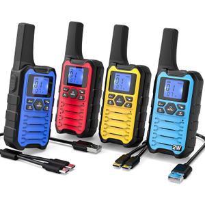 Wishouse K15 Walkie Talkies Long Range for Adults, Rechargeable Two-Way Radios 4 Pack, 2W FRS, 22 Channels, USB-C, Flashlight, NOAA/SOS, Quick Pair, for Camping & Hunting, Emergency Use (Blue Red Yellow Cyan)