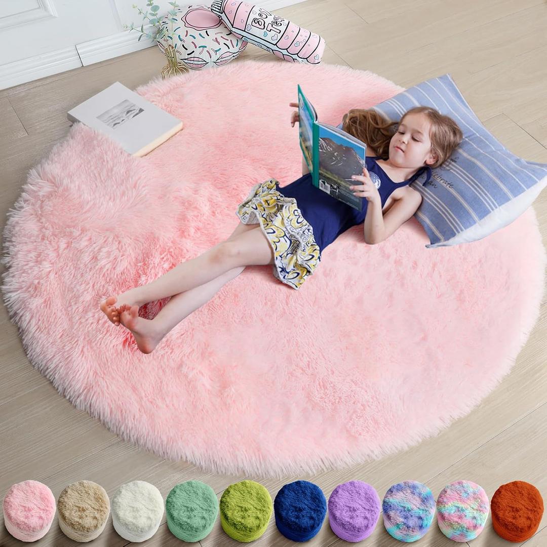 Amdrebio Light Pink Small Cute Round Rug 3Ft for Girls Bedroom, Fluffy Circle Area Rugs for Kids Room Decor Aesthetic, Shag Fuzzy Carpet for Nursery, Preppy Dorm, Classroom, Playroom, Teen, Baby