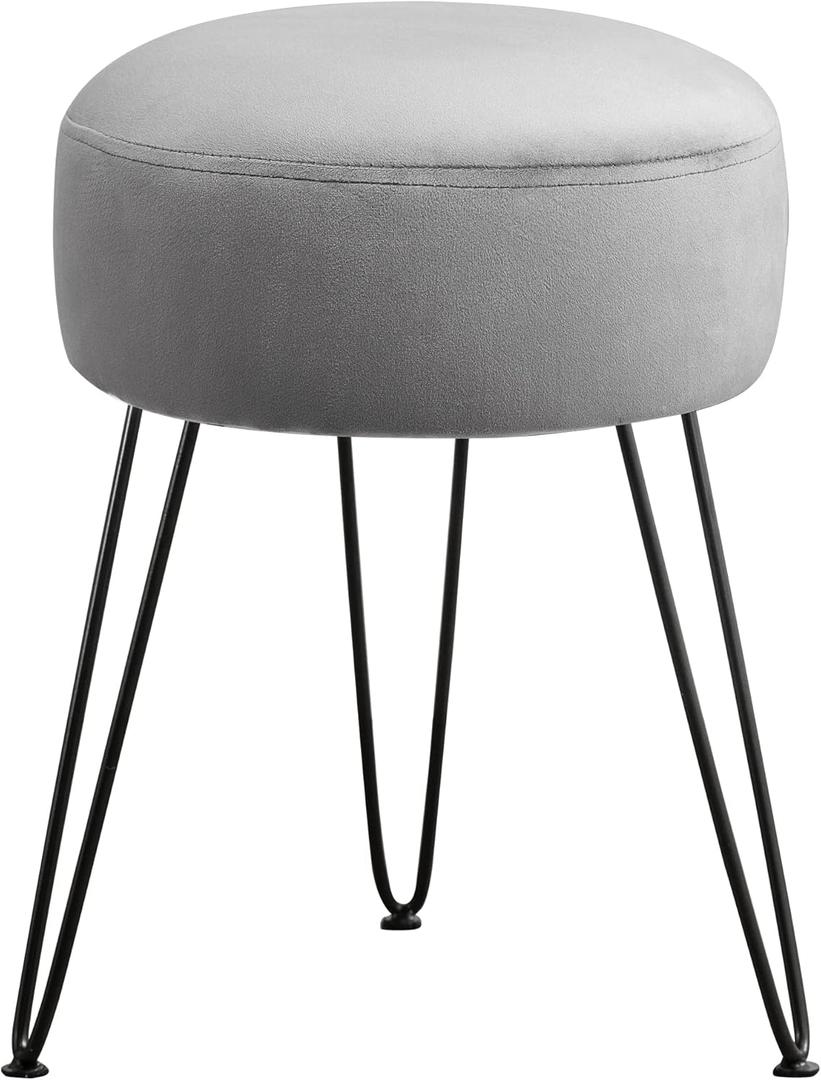 LUE BONA Vanity Stool, Gray Vanity Stools for Makeup Room, Round Ottoman Foot Stool, Velvet Footrest Vanity Chair for Bathroom Vanity, Bedroom, Living Room, Entryway, Offices (Grey)