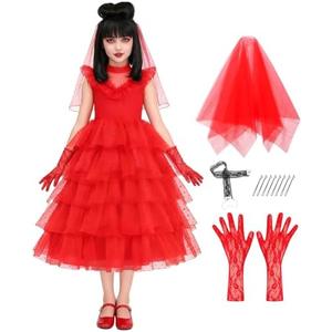IBQ Kids Red Wedding Dress Girls Halloween Costuems Toddler Horror Comedy Character Bride Cosplay Outfit with Veil Gloves Size 160