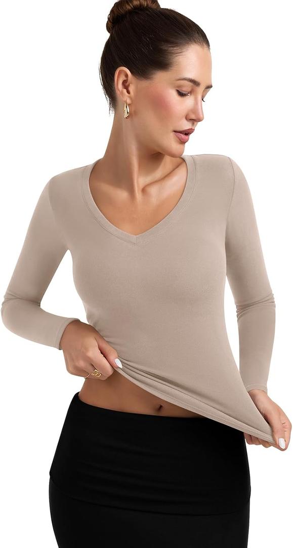 PINKMSTYLE Women's V Neck Long Sleeve Thermal Shirts Fall Winter Lightweight Base Layer Undershirts Basic Tops (Beige, XS)
